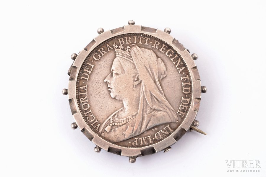 a brooch, made from a UK coin 1895, Queen Victoria, silver, 925 standard, 33.70 g., the item's dimensions Ø 4.4 cm, the end of the 19th century, Chester, Great Britain