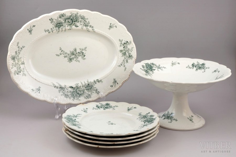 set, candy-bowl, serving dish and 4 dinner plates, faience, M.S. Kuznetsov manufactory, Russia, 1889-1917, candy bowl Ø 25.6 cm, serving dish 36.8 x 25.8 cm, plate Ø 23.8 cm, minor chips on the edges of plates