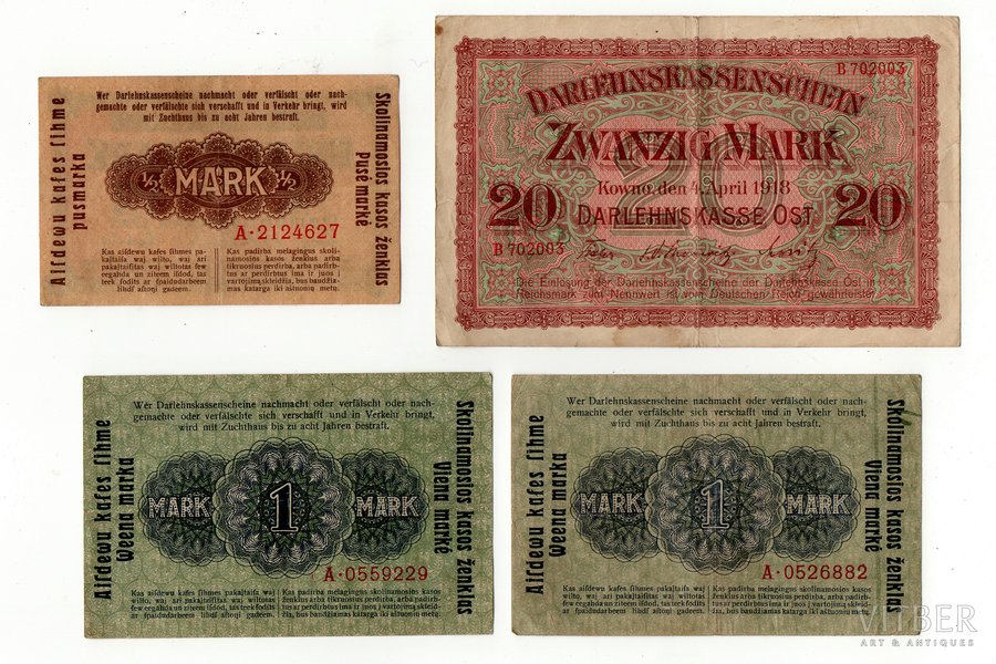 4 banknošu komplekts: 1/2 markas, 1 marka, 20 markas, 1918 g., Latvija, Lietuva, VF, Ost, Kowno