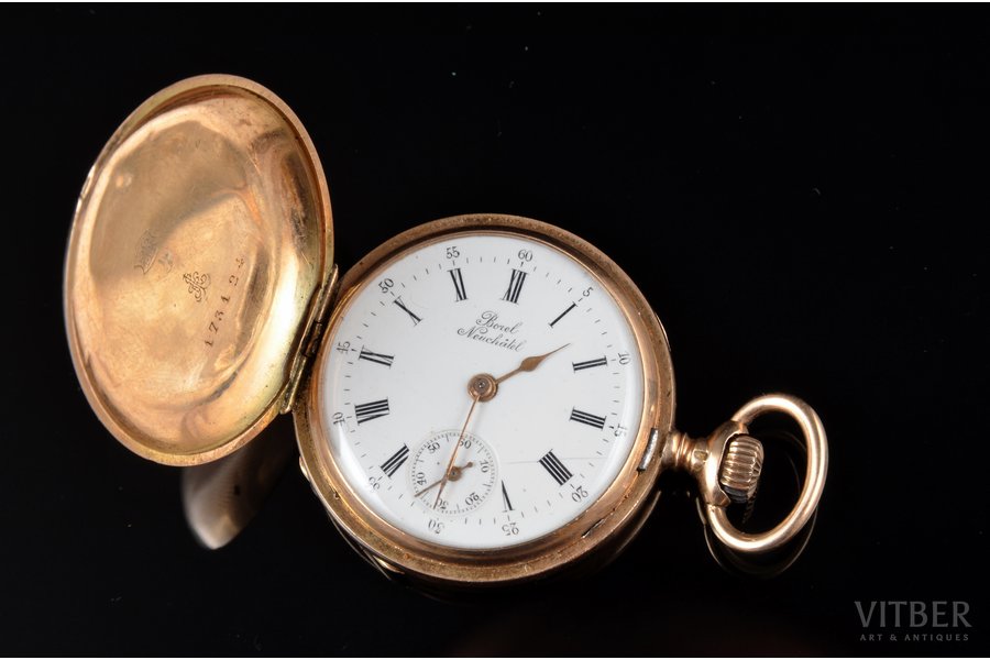 карманные часы, "Borel Neuchatel", вес механизма со стеклом 16 г, Швейцария, начало 20-го века, золото, 56, 14 K проба, 27.7 г, Ø 33 мм, механизм в рабочем состоянии