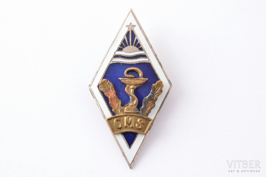 school badge, CMS, Cesis medical school, Latvia, USSR, 1962, 42.4 x 21.8 mm