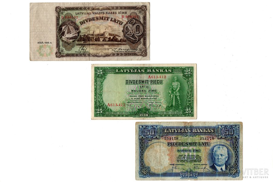 20 lats, 25 lats, 50 lats, set of banknotes, 1934-1938, Latvia, VF, F