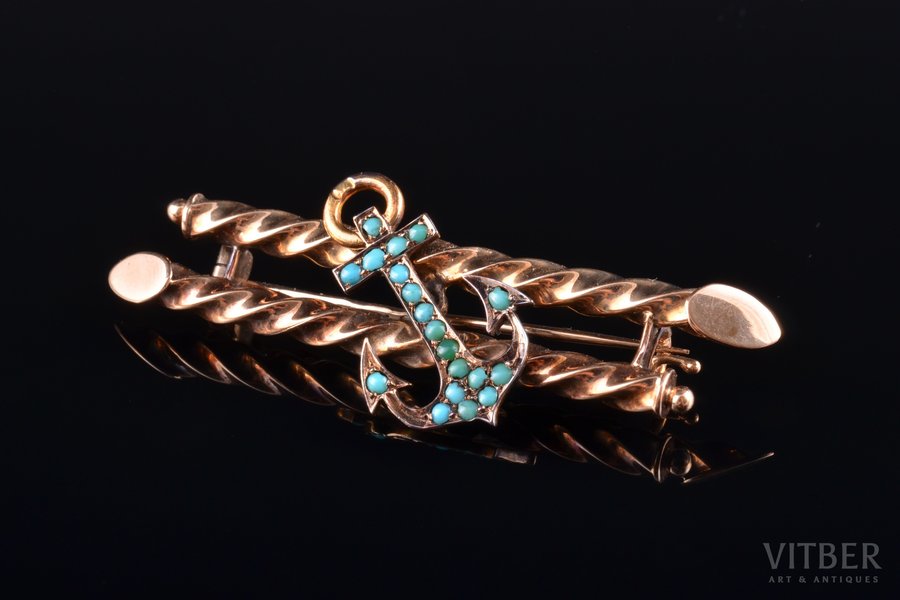 a brooch, gold, 56 standard, 5.15 g., the item's dimensions 2 x 5.4 cm, turquoise, 1908-1917, Russia