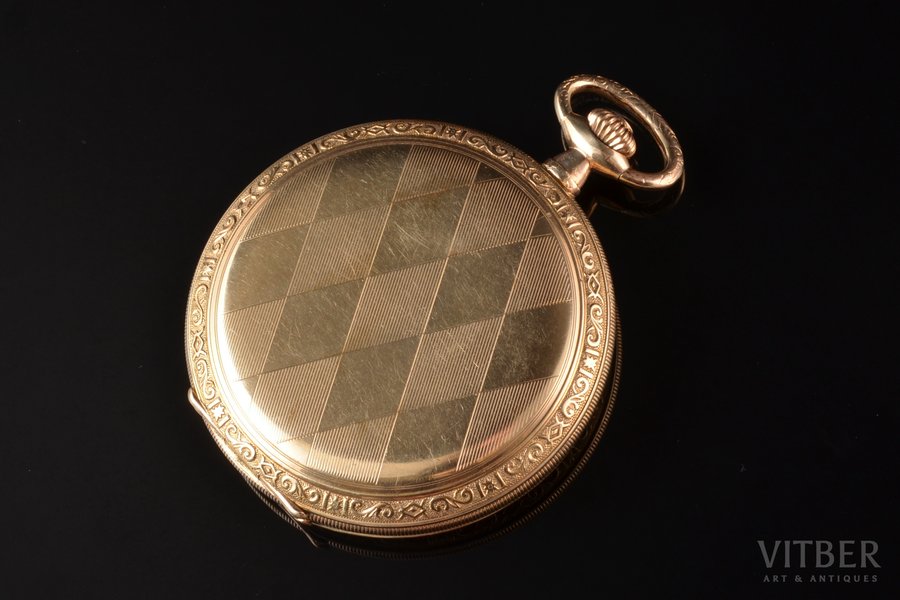 pocket watch, "Lanco", Switzerland, Germany(?), the 20-30ties of 20th cent., metal, gold plated, 91.15 g, 6.2 x 5.2 cm, Ø 52 mm, mechanism in working order, ġilded body, mafufactured by Gustav Rau. Inscription under back cover "Walx-Gold-Double 20 Micron Garantie 10 Jahre"