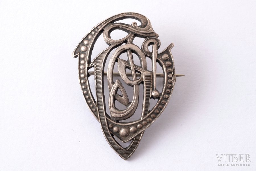 badge, GVPF(?), member of student corporation, silver, Latvia, 20-30ies of 20th cent., 33.4 x 23.8 mm, 5.30 g