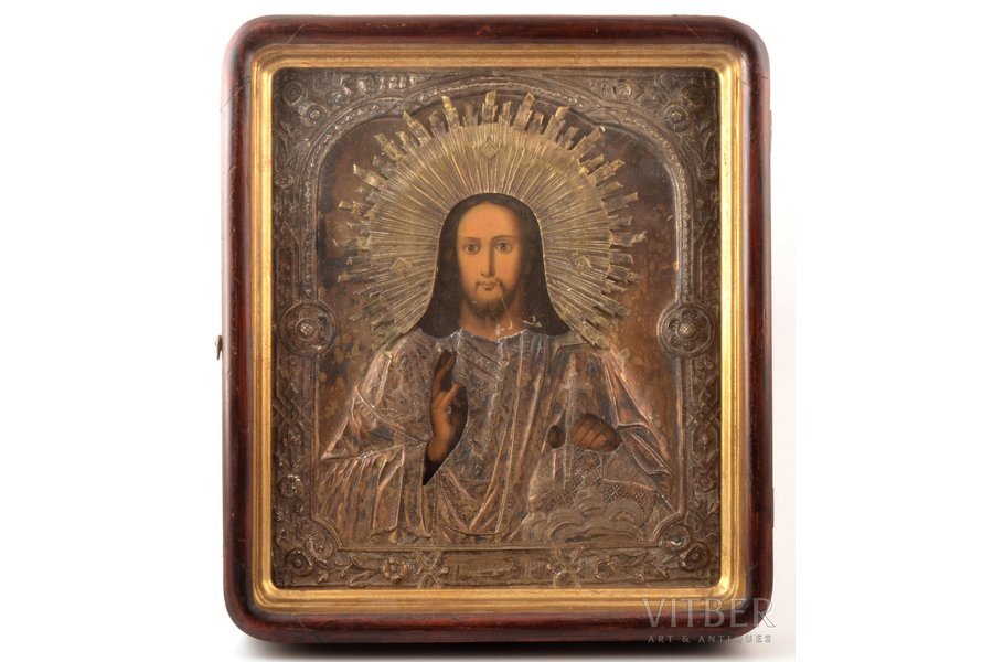 ikona, Jēzus Kristus Pantokrators, rāmī, dēlis, gleznojums, metāls, māksliniecisks gravējums, Krievijas impērija, 35.8 x 31.4 x 2.4 cm, rāmis 40.5 x 35.6 x 7.2 cm