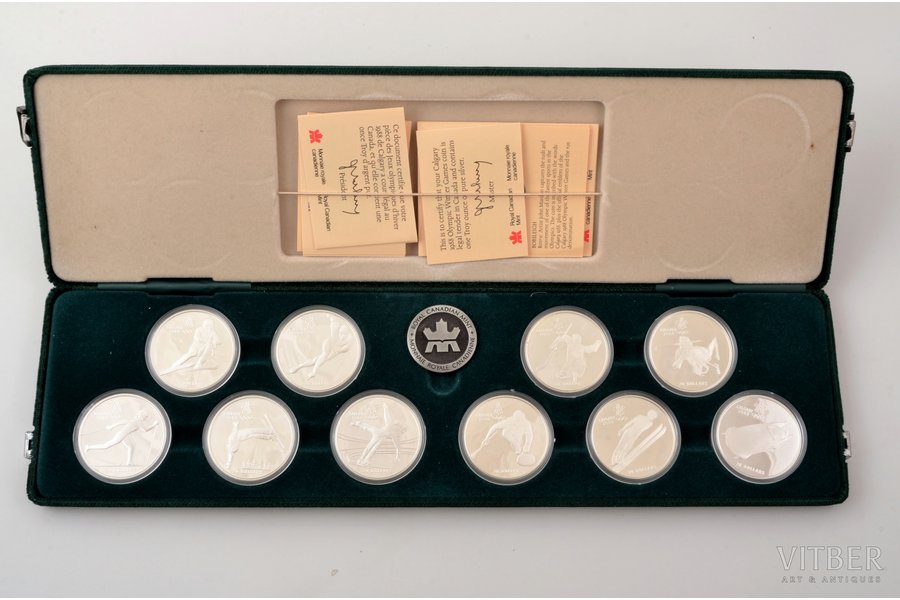 komplekts, 20 dolāri, 1985-1987 g., 10 monētas "XV Ziemas Olimpiskās spēles Kalgari", sudrabs, 925 prove, Kanāda, 34.107 g, Ø 40 mm, Proof, futlārī