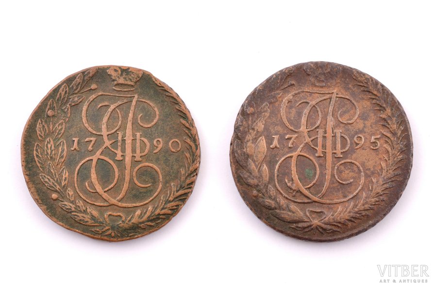 5 kopeikas, 1790-1795 g., 2 monētas, varš, Krievijas Impērija, 40.03 / 54.32 g, Ø 42.7 / 43.4 mm, VF