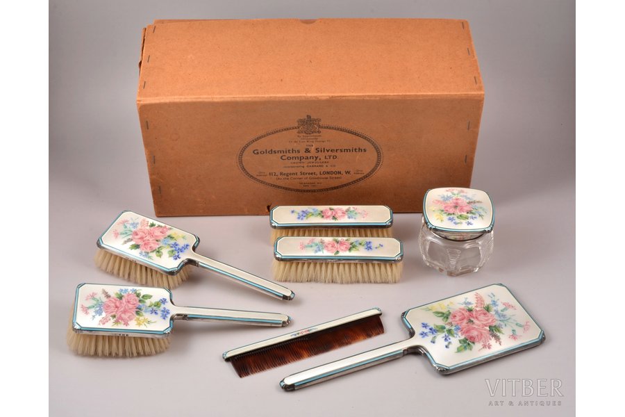 toiletry set of 7 items, silver/glass/enamel, 925 standard, total weight of items 850 g (without glass jar), Great Britain, in original box, in perfect condition