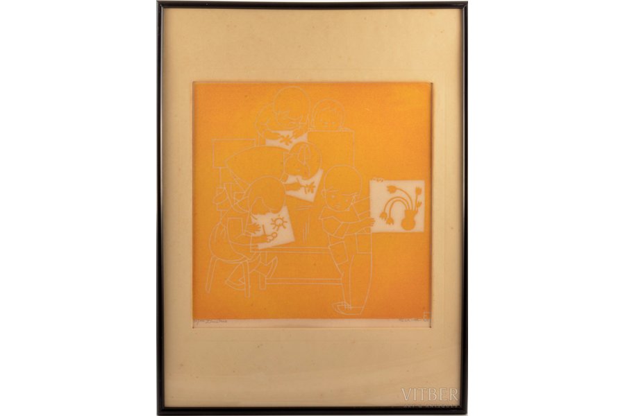 Pauluka Felicita (1925-2014), "Painters", 1965, paper, linoleum engraving, 23х23 cm