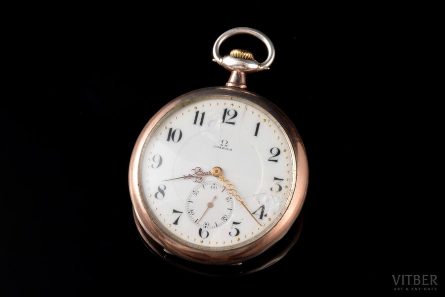 pocket watch, "Omega", Switzerland, Germany, silver, 900 standart, 81.82 g, 6.2 x 5.1 cm, Ø 51 mm, mechanism in working order, defects on the dial