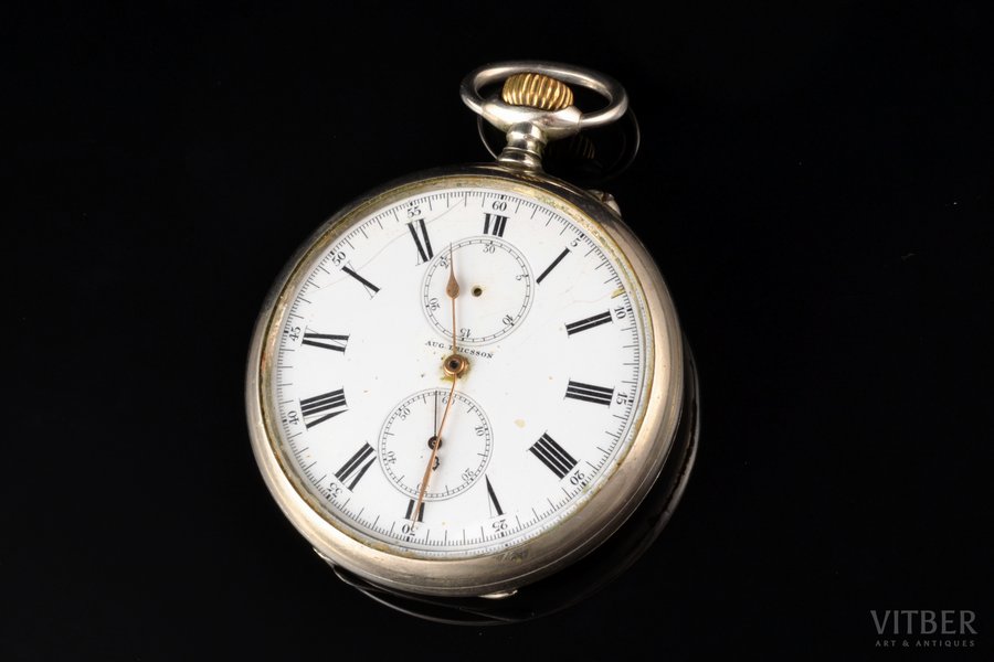 pocket watch, "August Ericsson", metal, 102.65 g, 6.7 x 5.4 cm, Ø 54 mm, cracks on the dial, chronograph mechanism and hand are missing