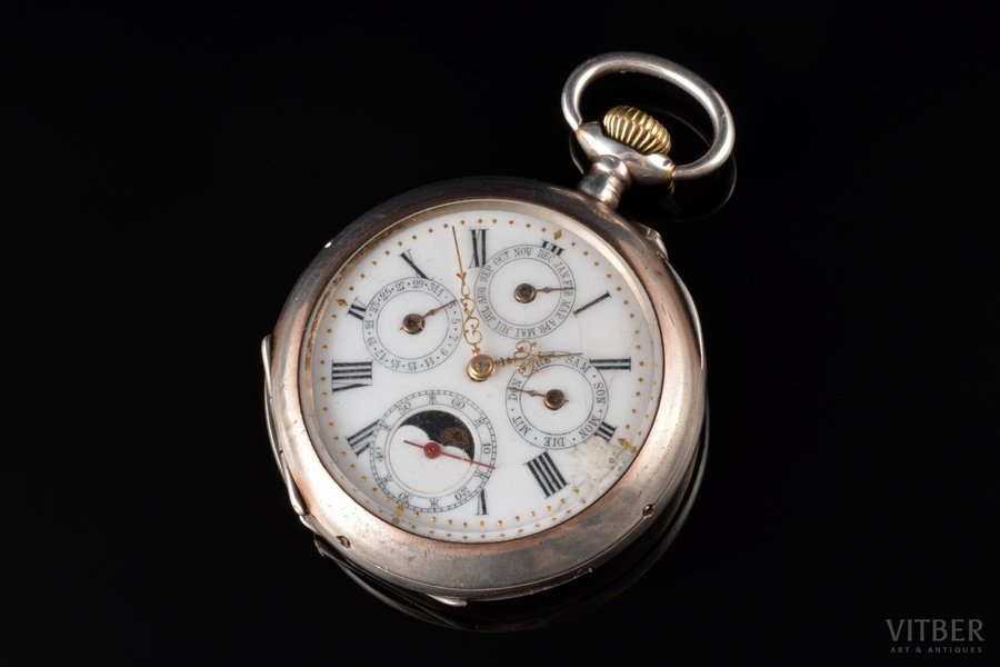 pocket watch, Switzerland, Germany, silver, 800 standart, 90.76 g, 6.4 x 5.1 cm, Ø 51 mm, mechanism needs to be repaired, defects on the dial