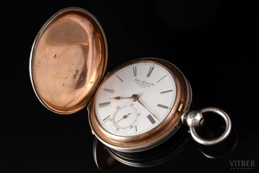 карманные часы, "John Edwards", Великобритания, серебро, позолота, 925 проба, 126.11 г, 6.4 x 5.3 см, Ø 53 мм, требуется профилактика механизма