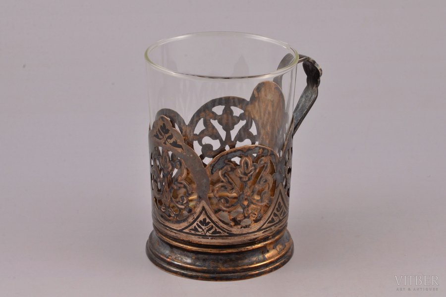 tea glass-holder, silver, 875 standard, 79.20 g, niello enamel, gilding, with glass, Ø (inside) 6.6 cm, h (with handle) 8.5 cm, the artistic plant of Kubachinsk, the 70-ties of the 20th cent., Dagestan, USSR