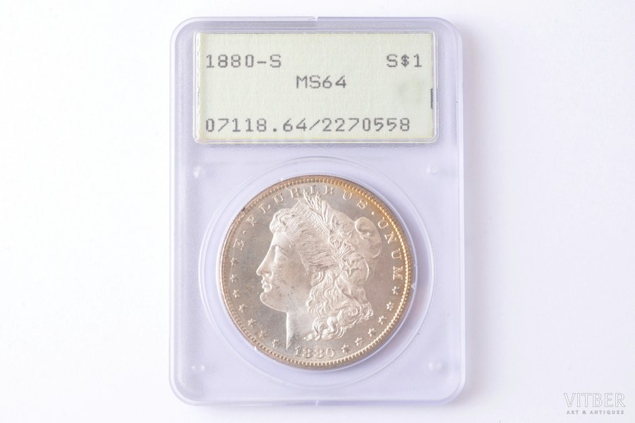 1 доллар, 1880 г., S, серебро, 900 проба, США, Ø 38.1 мм, MS 64