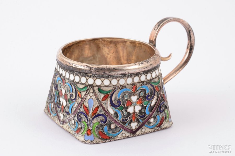 charka (little glass), silver, 84 standard, 37.44 g, cloisonne enamel, h (with handle) 3.6 cm, by Pankratiev Egor Grigoryevich, 1908-1917, St. Petersburg, Russia