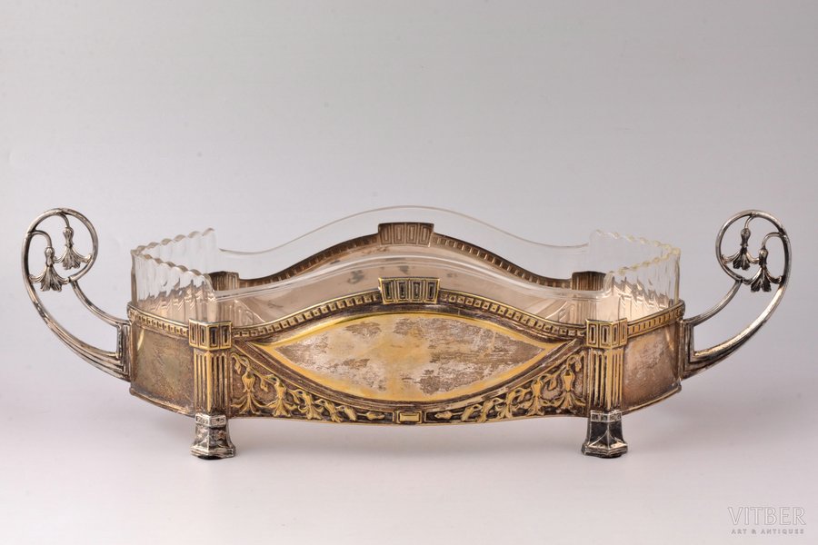 biscuit tray, Württembergische Metallwarenfabrik (WMF), silver plated, metal, glass, Germany, 1910-1925, h 13.3 x 45 x 13 cm