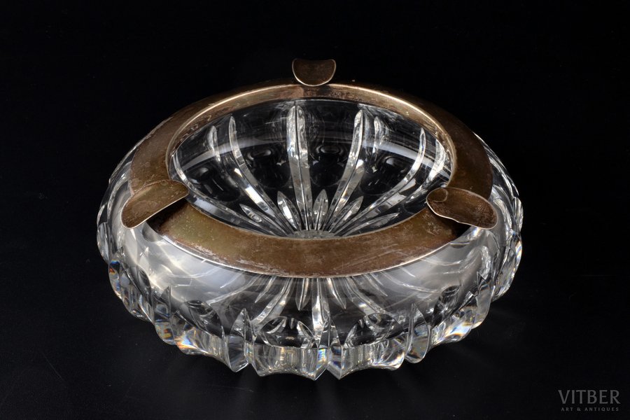 ashtray, silver, 925 standard, cut-glass (crystal), Ø 16.7 cm, insignificant chips in some places