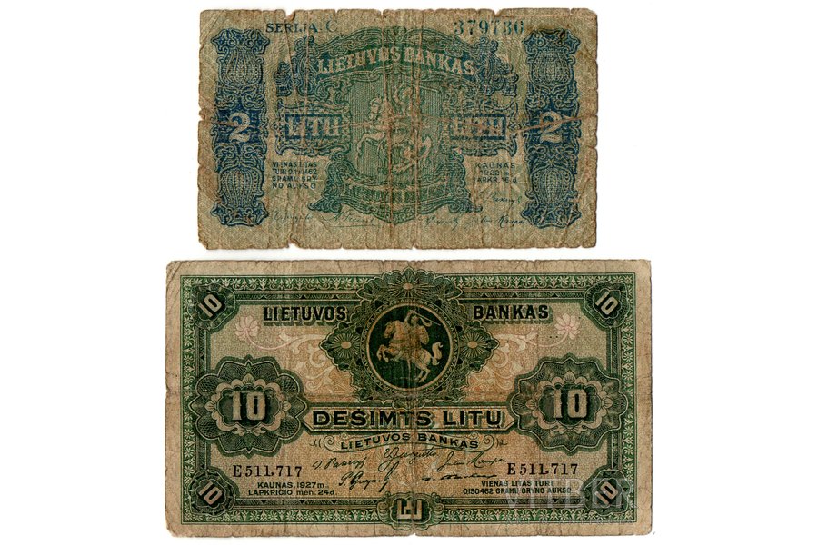 10 liti, 2 liti, banknošu komplekts, 1922 / 1927 g., Lietuva