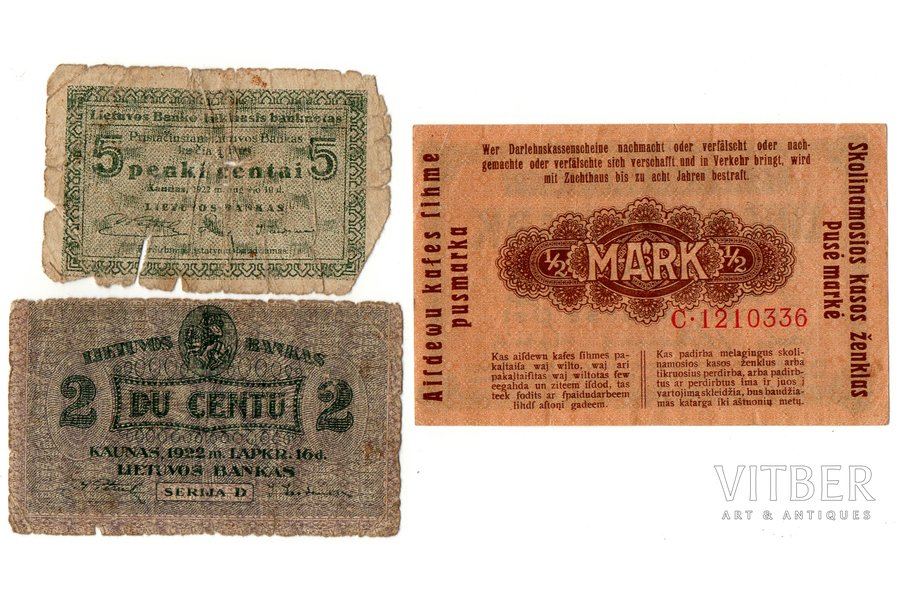 1/2 mark, 5 cents, 2 cents, set of banknotes, 1922 / 1918, Lithuania