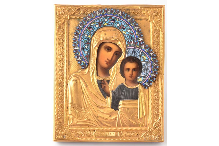 ikona, Kazaņas Dievmāte, dēlis, zeltījums, starpsienu emalja, metāls, Krievijas impērija, 19. gs., 18 x 14.5 x 1.9 cm