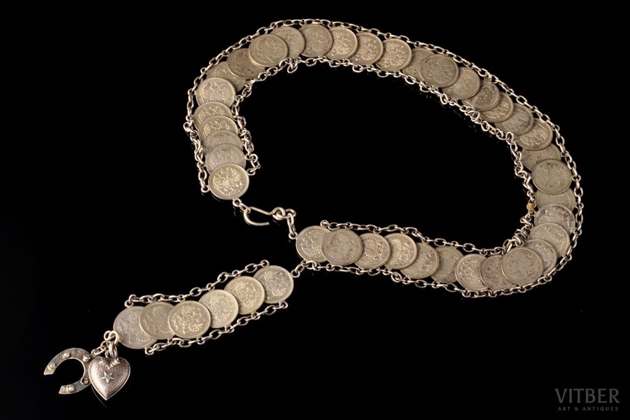 headband, made of 10 kopecks coins (1902-1915) and 15 kopeck coin (1899), silver billon (500), 84 standard, 99.70 g., 1908-1917, Kostroma, Russia, for head circumference ~ 51 cm, total length of item 60.5 cm