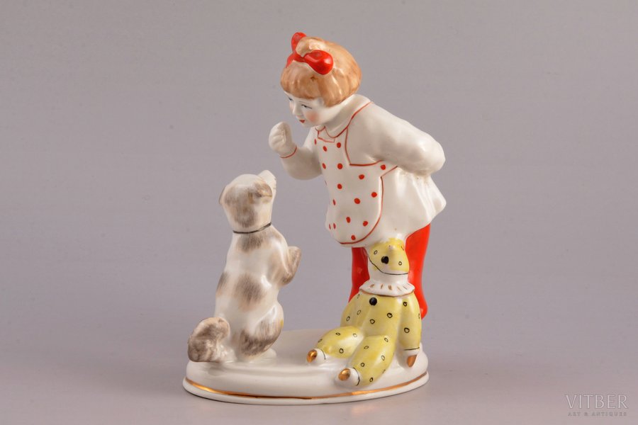 figurine, Girl with a dog, porcelain, Riga (Latvia), USSR, Riga porcelain factory, molder - S. Bolzan-Golumbovskaja, 1968-1980, h 14.2 cm, top grade