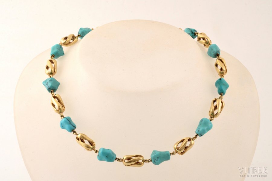 beads, gold, 585 standard, 33.45 g., the item's dimensions 40 cm, turquoise