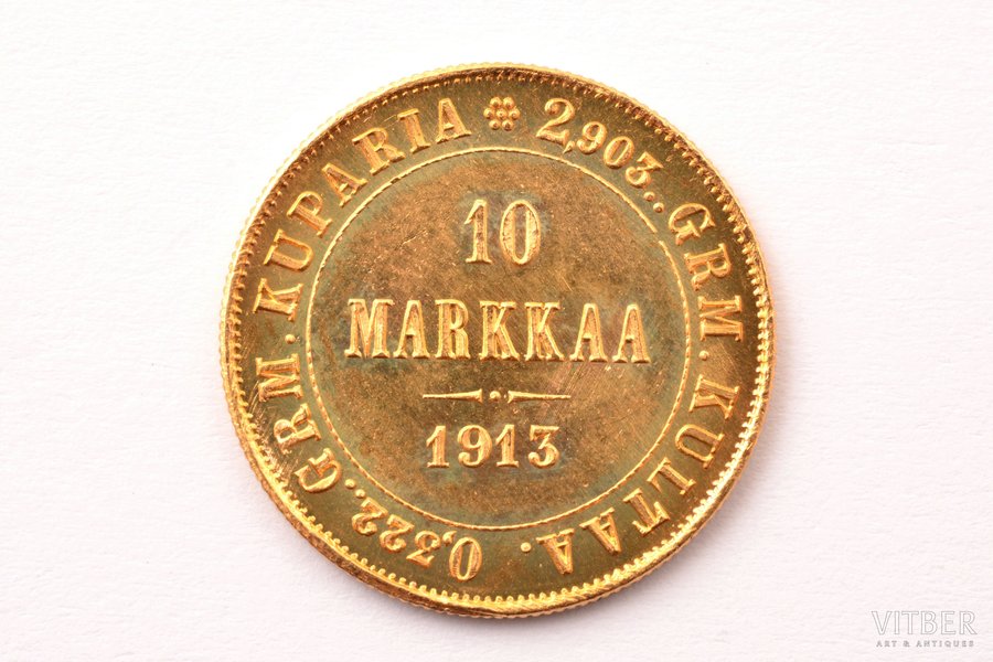 Финляндия, 10 марок, 1913 г., "Николай II", золото, 900 проба, 3.2258 г, вес чистого золота 2.90322 г, KM# 8, Schön# 8, фактический вес 3.225 г