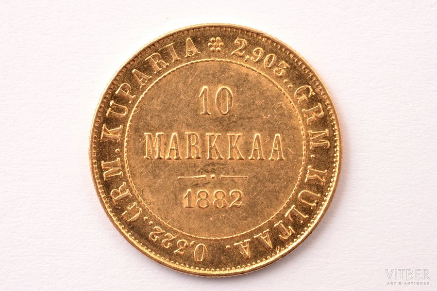 Финляндия, 10 марок, 1882 г., "Александр II", золото, 900 проба, 3.2258 г, вес чистого золота 2.90322 г, KM# 8, Schön# 8, фактический вес 3.225 г