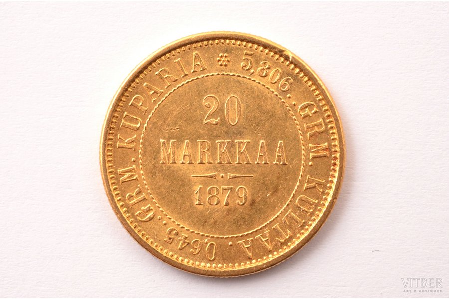 Финляндия, 20 марок, 1879 г., "Александр III", золото, 900 проба, 6.4516 г, вес чистого золота 5.80644 г, KM# 9, Schön# 9, фактический вес 6.455 г