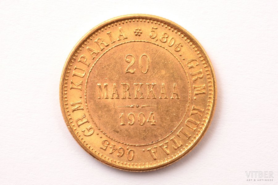 Финляндия, 20 марок, 1904 г., "Николай II", золото, 900 проба, 6.4516 г, вес чистого золота 5.80644 г, KM# 9, Schön# 9, фактический вес 6.455 г