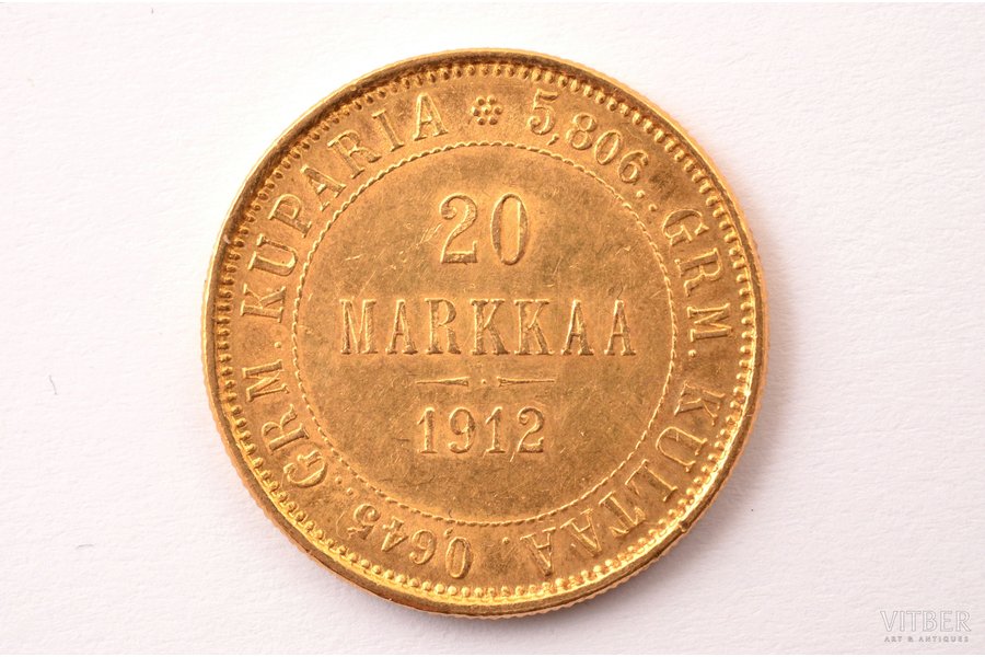 Somija, 20 markas, 1912 g., "Nikolajs II", zelts, 900 prove, 6.4516 g, tīra zelta svars 5.80644 g, KM# 9, Schön# 9, faktiskais svars 6.455 g