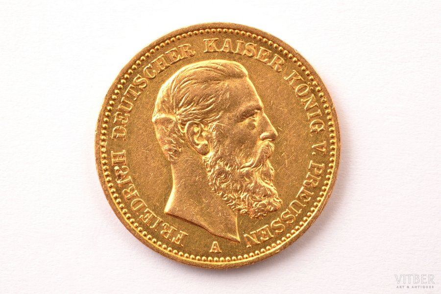 Германия, Пруссия, 20 марок, 1888 г., "Фридрих III", золото, 900 проба, 7.965 г, вес чистого золота 7.169 г, KM# 515, J# 248, фактический вес 7.955 г