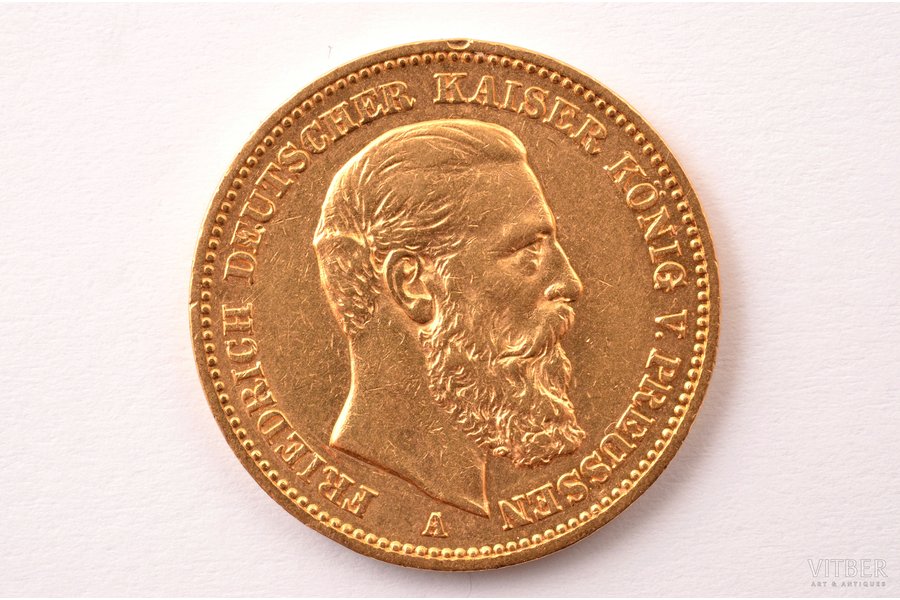 Германия, Пруссия, 20 марок, 1888 г., "Фридрих III", золото, 900 проба, 7.965 г, вес чистого золота 7.169 г, KM# 515, J# 248, фактический вес 7.93 г