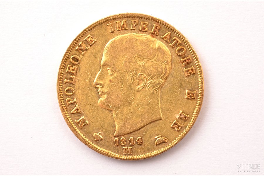 Itālija, 40 liras, 1814 g., "Napoleons I", zelts, 900 prove, 12.903 g, tīra zelta svars 11.6 g, KM# 12, Fr# 5, faktiskais svars 12.835 g