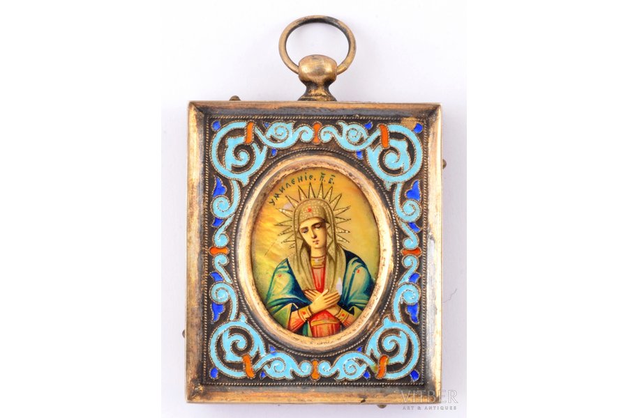 pendant icon, Mother of God "Virgin of Tenderness" ("Eleusa"), painting, cloisonne enamel, silver oklad, shell, 84 standard, workshop of Krutikov Ivan Kirillovich and Pyotr Kirillovich, Moscow, Russia, 1908-1917, 5.4 x 4 x 0.8 cm