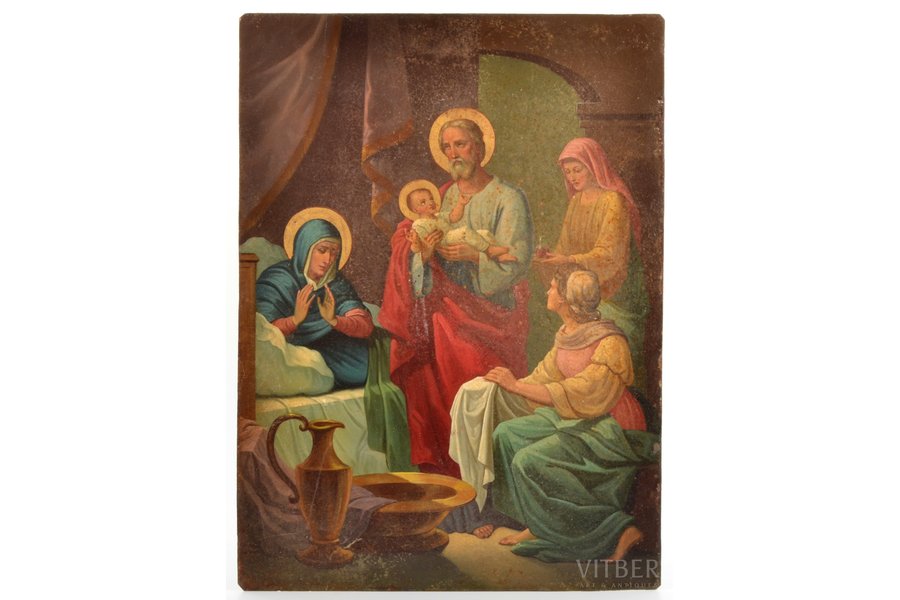 icon, Nativity of the Blessed Virgin Mary, guilding, painted on zinc, Russia, 38 x 28 cm