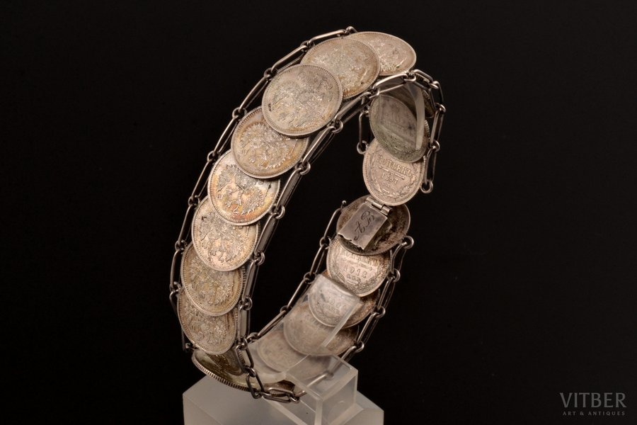 браслет, из монет 10 копеек (1897-1915 года), биллон серебра (500), 42.5 г., Российская империя, длина браслета 21.5 см