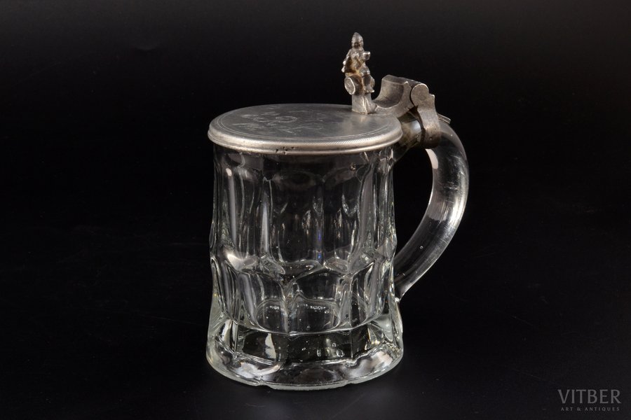 beer mug, pewter lid, by Gottlieb Kaspar Wykmann, Riga,, Latvia, Russia, the beginning of the 20th cent., h (with lid) 13.5 cm, 2 chips on the surface on the bottom