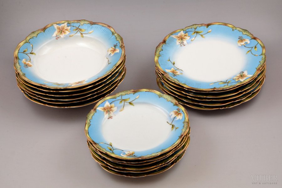 set of plates, for 6 persons (18 plates), porcelain, M.S. Kuznetsov manufactory, hand-painted, Russia, 1891-1917, Dmitrov factory; 1 soup plate with hairline crack and chip on the surface of the edge