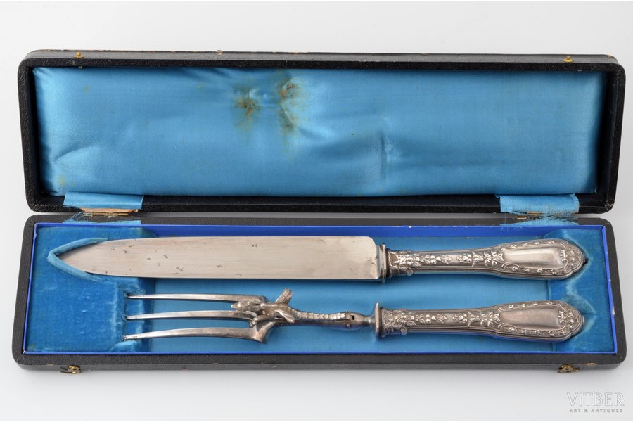 set of 2 flatware items: fork and knife, silver/metal, 950 standard, total weight of items 262.70 g, 32 / 27.5 cm, France, in a box