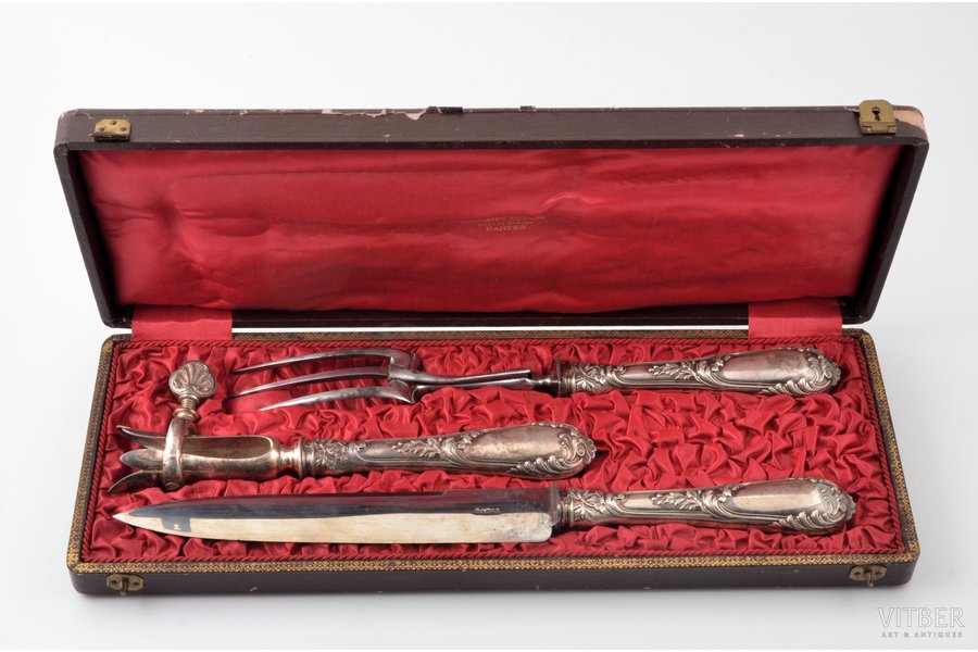 set of 3 flatware items, silver/metal, 950 standard, total weight of items 427.20 g, 32.2 / 28.7 / 21.6 cm, France, in a box