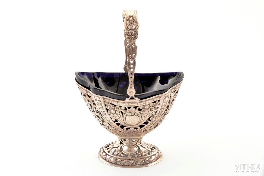 candy-bowl, silver, with glass, 830 standard, silver weight 235.5 g, 15 x 10.3 cm, h (with handle) 21 cm, Germany, import hallmark of Finland, traces of everyday use