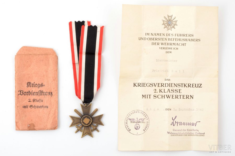 nozīme ar dokumentu, 2. šķiras Kara nopelnu krusts ar šķēpiem, apbalvots Rīgā, bronza, Vācija, 1942 g., 49 x 48 mm, ar aploksni