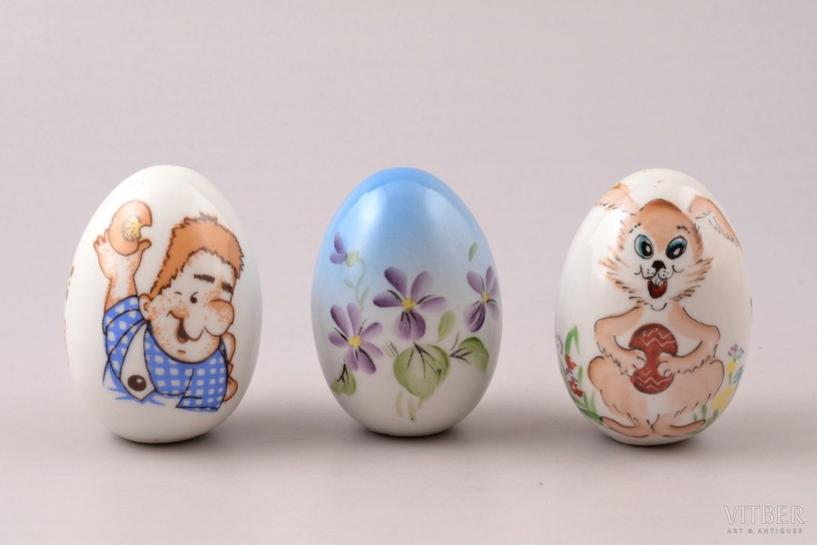 комплект из 3 пасхальных яиц, фарфор, Рижская фарфоровая фабрика, Рига (Латвия), h 6 см, Ø 4.3 см