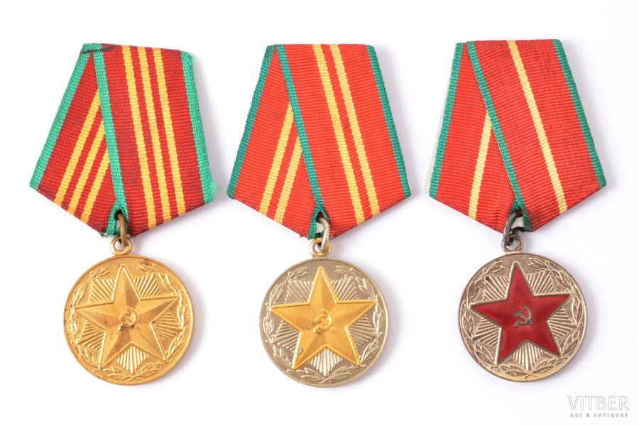 a set of 3 medals, "For Irreproachable Service": 10, 15 and 20 years of service, 1st class, 2nd class, 3rd class, USSR, the 2nd half of the 20th cent.