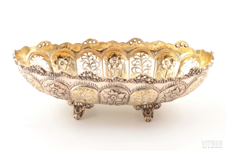 biscuit tray, silver, 800 standard, 217.9 g, engraving, gilding, 21.7 x 12.5 / h 6.5 cm, Europe