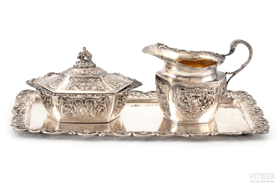 set of 3 items (miniature size): sugar-bowl, cream jug, tray, 830 standard, total weight of items 403.55 g, gilding, h 6.5 / 7.6 cm, tray 23 x 11.8 cm, 1935, Helsinki, Finland